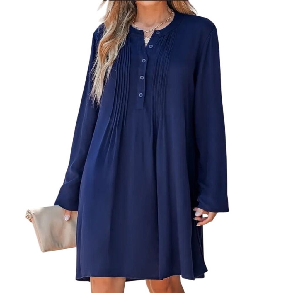 Cupshe Long Sleeve Pleated Front Navy Popover A-line Mini Dress M NWT